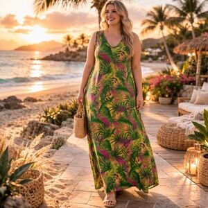 Vintage 90's Sag Harbor  Tropical print sleeveless maxi dress